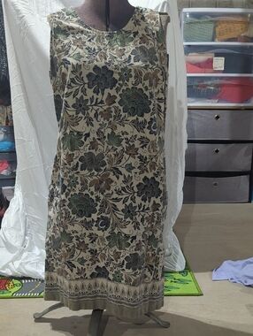 Floral Sleeveless Cotton Tunic Dress in Cream, Green & Black